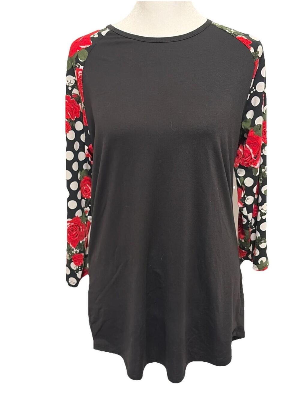 NWT LuLaRoe Randy Size M 10-12 3/4 Raglan Sleeve T Red Roses White Polka Dots